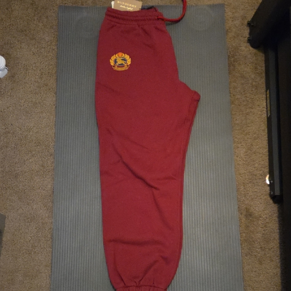 Buberry Unisex Crest Logo Embroidered Maroon Sweatpants